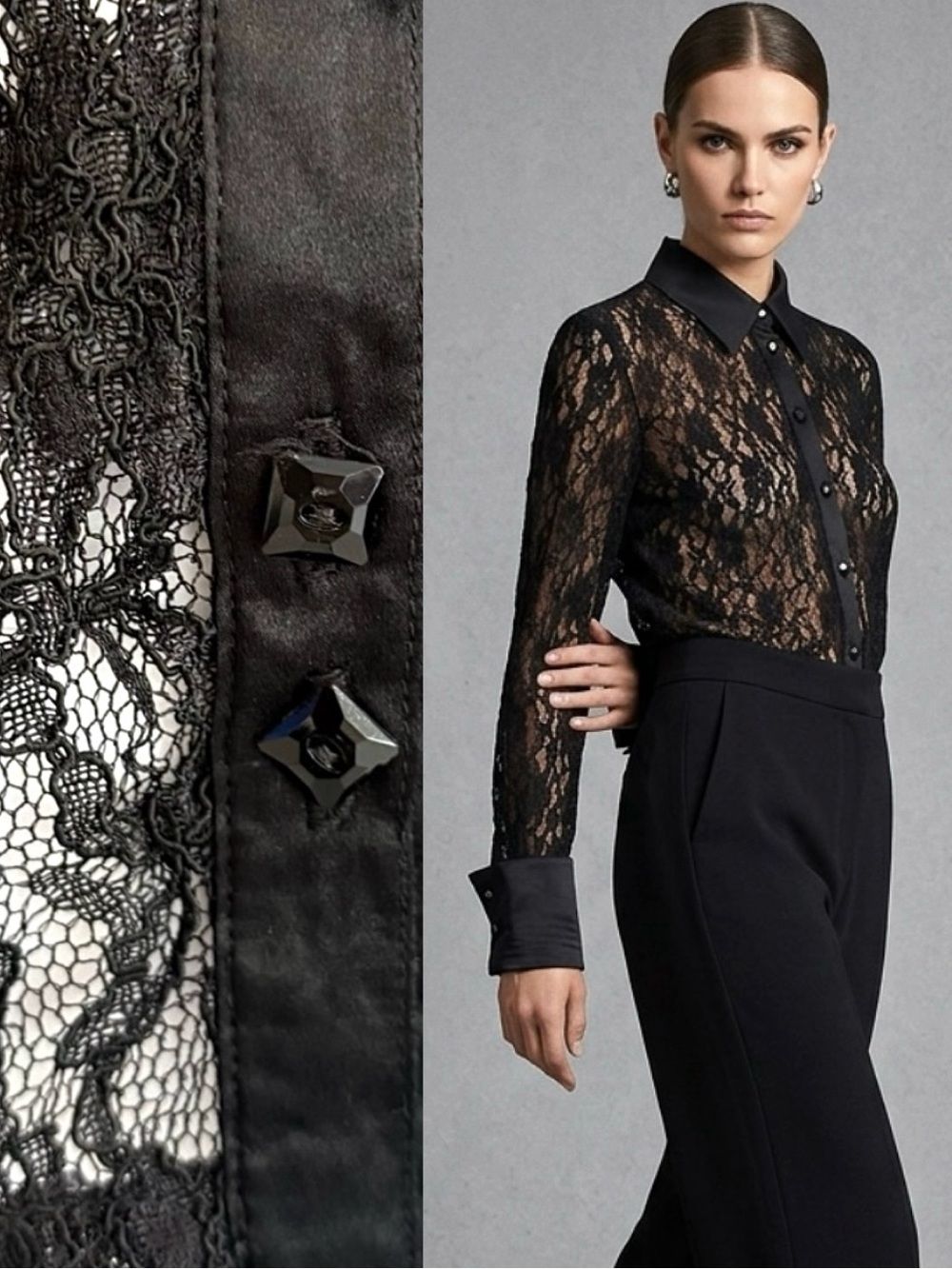 Artisti Italiani Vintage Black Sheer Lace Shirt Size Large Satin French Cuffs